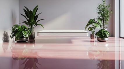 Luxury Sleep Concept Floating Bed Aesthetic Above Pink Water with Lush Green Plants