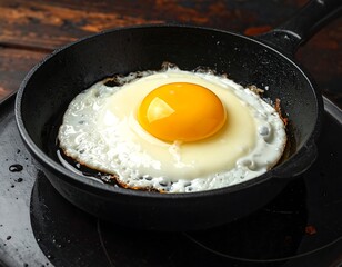 Sunny-side-up egg cooking in a black cast iron skillet on a dark wooden surface