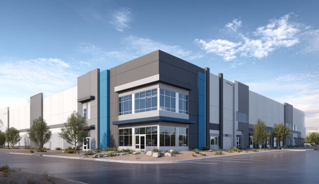 Modern high-end warehouse exterior in las vegas featuring sleek gray concrete walls, large glass windows, and contemporary architectural design