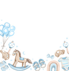 Obraz premium Watercolor Baby shower Frame with Baby Boy Items