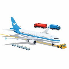 Airplane being towed by vehicles on airport tarmac with vehicles and equipment nearby in a transportation scene
