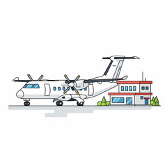 A white airplane with propellers parked beside a red and white building on a runway surrounded by green trees viewed from the side