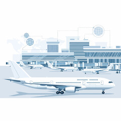 Aerial view of an airplane on the runway at a modern airport terminal with various aircraft and infrastructure