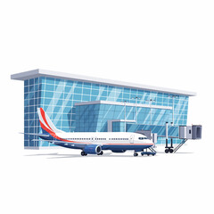 Airplane parked at airport terminal with jetway connected to the aircraft door in a modern glass building