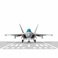 A modern fighter jet on a runway, viewed from the front, showcasing its sleek design and advanced technology.