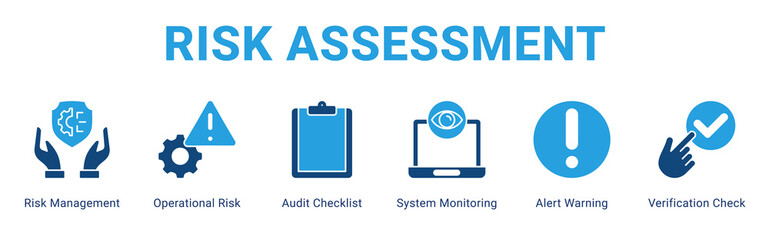 Risk Assessment web banner icon concept,  with Risk Management, Operational Risk, Audit Checklist, System Monitoring, Alert Warning, Verification Check.
