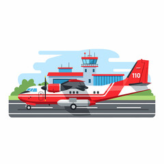 Airplane on Runway at Airport Control Tower