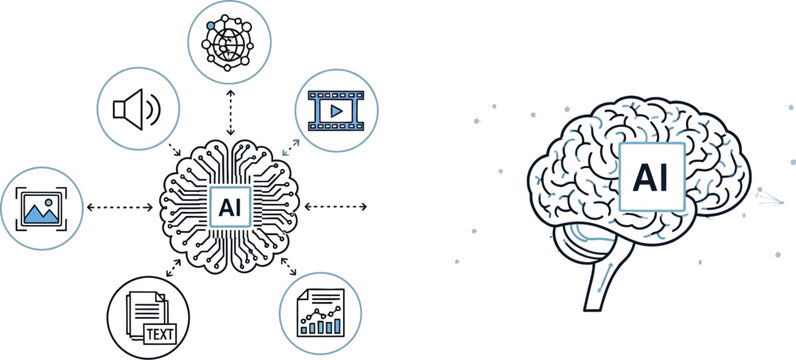 Conceptual illustration of artificial intelligence processing various data types including images sound video text and global network connections with a stylized brain