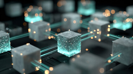 Blockchain contract visualization scene showing linked blocks representing agreement justice system professionalism digital environment controlled lighting