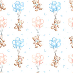 Soft Blue Watercolor Baby Shower Celebration Seamless Pattern