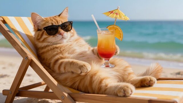 Adorable ginger cat wearing sunglasses lies on a striped beach chair, holding a tropical cocktail with a slice of orange and umbrella. Relaxed and funny summer scene at the seaside.