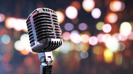 Retro microphone on stage with bokeh light; vintage mic closeup against a blurry glowing background for music performance and concert concepts