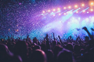 Happy People with Raised Hands Watching Fireworks at Summer Music Festival