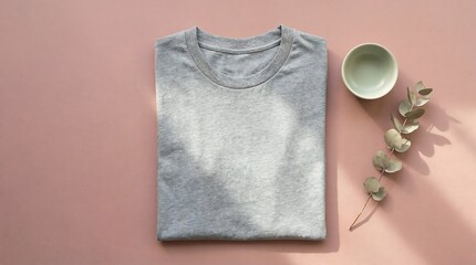 Folded gray t-shirt with eucalyptus and cup on pink background