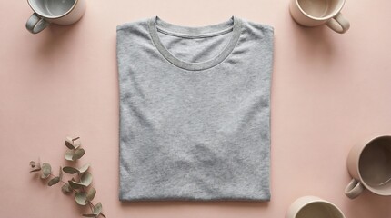 Folded gray t-shirt with coffee mugs and eucalyptus on pink background