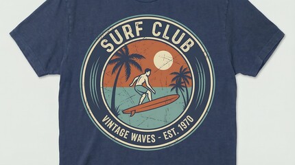 Vintage surf club t-shirt with surfer graphic on beach