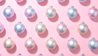 Shiny pink and blue glass beads and round pearls create a textured pattern of water drops on a bright sphere like a decorative jewelry necklace