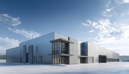 Modern industrial building with silver aluminum exterior, rectangular shape, and large glass windows under a blue sky with scattered clouds