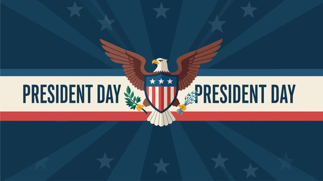 American bald eagle emblem with open wings holds a patriotic shield on a blue starburst background for Presidents Day banner design