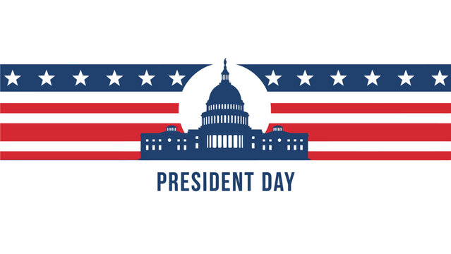 US Capitol building silhouette is centered on a patriotic star and stripe ribbon banner isolated on white for Presidents Day header or footer design