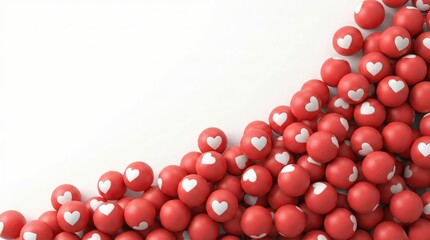 A large pile of red spheres, each adorned with a white heart icon, scattered across a white background.