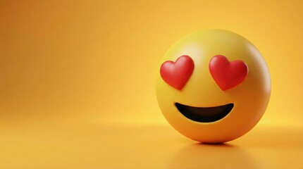 Fototapeta premium A 3D rendered yellow emoji with heart-shaped eyes and a wide smile, set against a warm orange background.