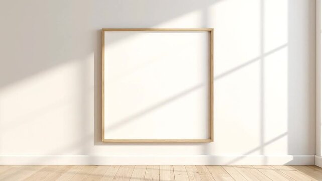 A square, blank framed artwork against a white wall with natural light. Wooden floor and trim in a bright room