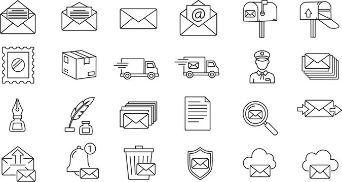 Mail and post service icon set for logistics delivery and digital communication