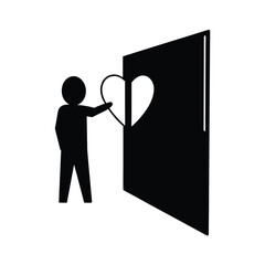 Person holding a heart looking through an open door silhouette vector illustration for love opportunity and Valentine's Day concepts
