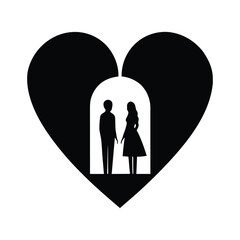Romantic couple holding hands inside a large heart frame silhouette vector illustration for wedding and Valentine's Day celebration