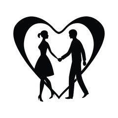 Couple standing together inside a heart shaped cutout silhouette vector illustration for romantic cards and Valentine's Day graphics