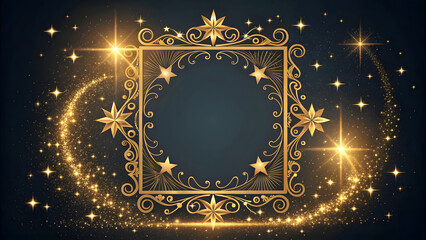 Golden vintage frame with star accents on a black background, elegant decorative border design for cards and invitations