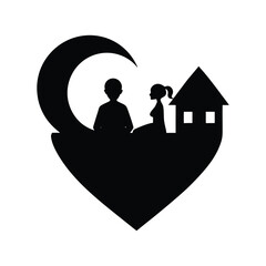 Couple sitting on a crescent moon inside a heart silhouette vector illustration for dreamy romantic Valentine's Day graphic designs