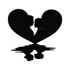 Kissing couple silhouette inside a heart with water reflection vector illustration for romantic Valentine's Day artistic graphics