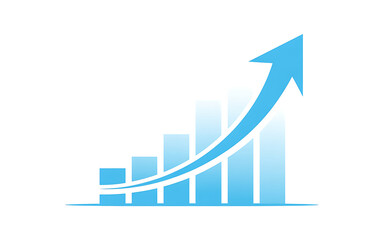 Financial growth bar chart with upward blue arrow symbol for business success and profit increase concept, isolated on white background.