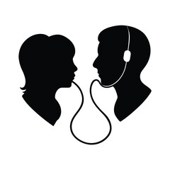 Two faces connected by a string line silhouette vector illustration for communication and deep Valentine's Day connection