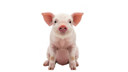 Adorable pink piglet sitting and looking forward, isolated on transparent background