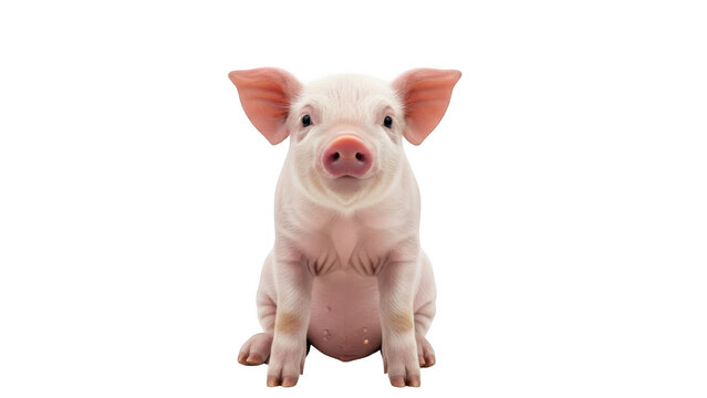 Adorable pink piglet sitting and looking forward, isolated on transparent background