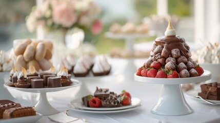 A lavish buffet table with a chocolate fountain and various dipping options.