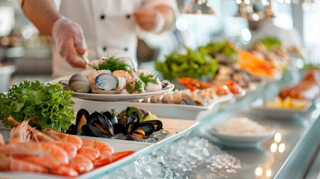 A bustling seafood buffet with ice-laden counters filled with seafood delicacies.