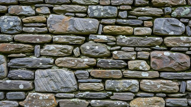 Texture of a rustic stone wall featuring lichens and weathered surfaces