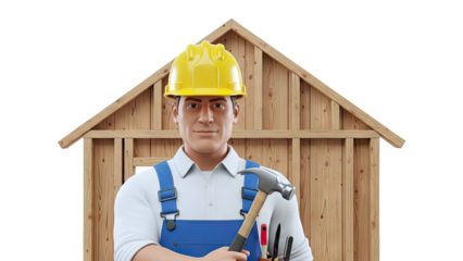 Construction Worker Holding Hammer in Front of Wooden Structure
