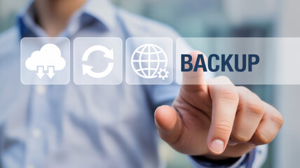 Professional hand touching a digital backup button with cloud and global network icons