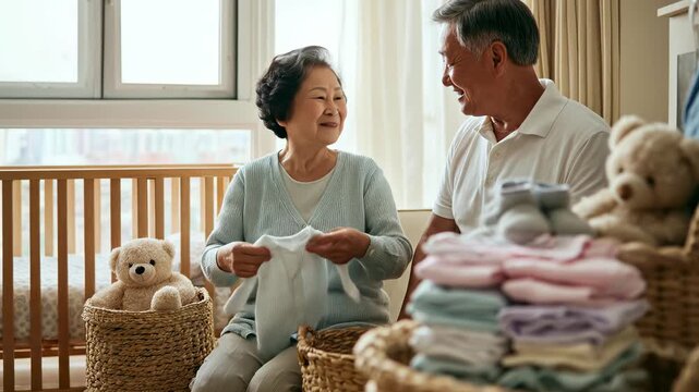 Loving grandparents preparing baby clothes with joy. Asian elderly couple folding tiny garments. Expecting parents, family support, generational love. Cozy nursery scene.