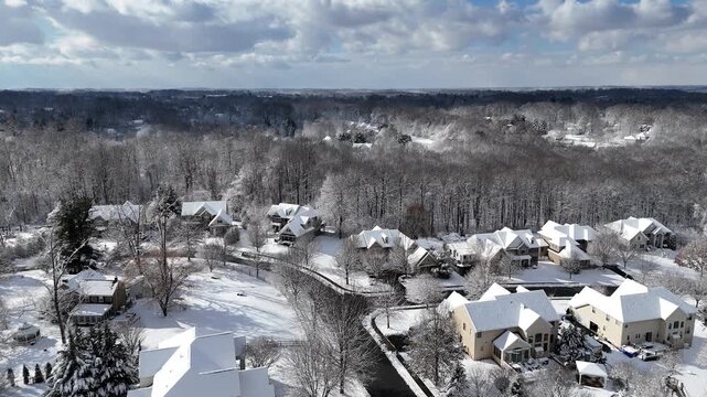Arial view of a single-family house residential community after snow in Garnet Valley, suburb of Philadelphia