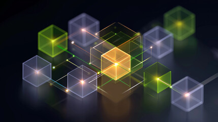Abstract 3D Network Cubes: A mesmerizing display of interconnected, translucent cubes in varying colors, forming a complex network of technology and innovation. 