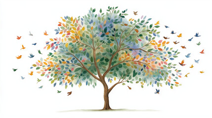 Obraz premium Colorful Tree of Life: A vibrant illustration of a majestic tree with colorful foliage and whimsical birds fluttering, symbolizing growth, harmony, and the beauty of life.