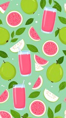 Guavas, slices, juice glasses, and leaves are scattered against a pastel green background in a flat vector style