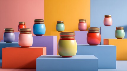 Colorful jars on blocks modern still life with pastel hues and metallic lids creative arrangement for design inspiration