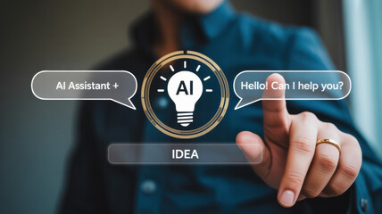 Person interacts with bright AI assistant interface lightbulb idea and chat bubbles digital setting